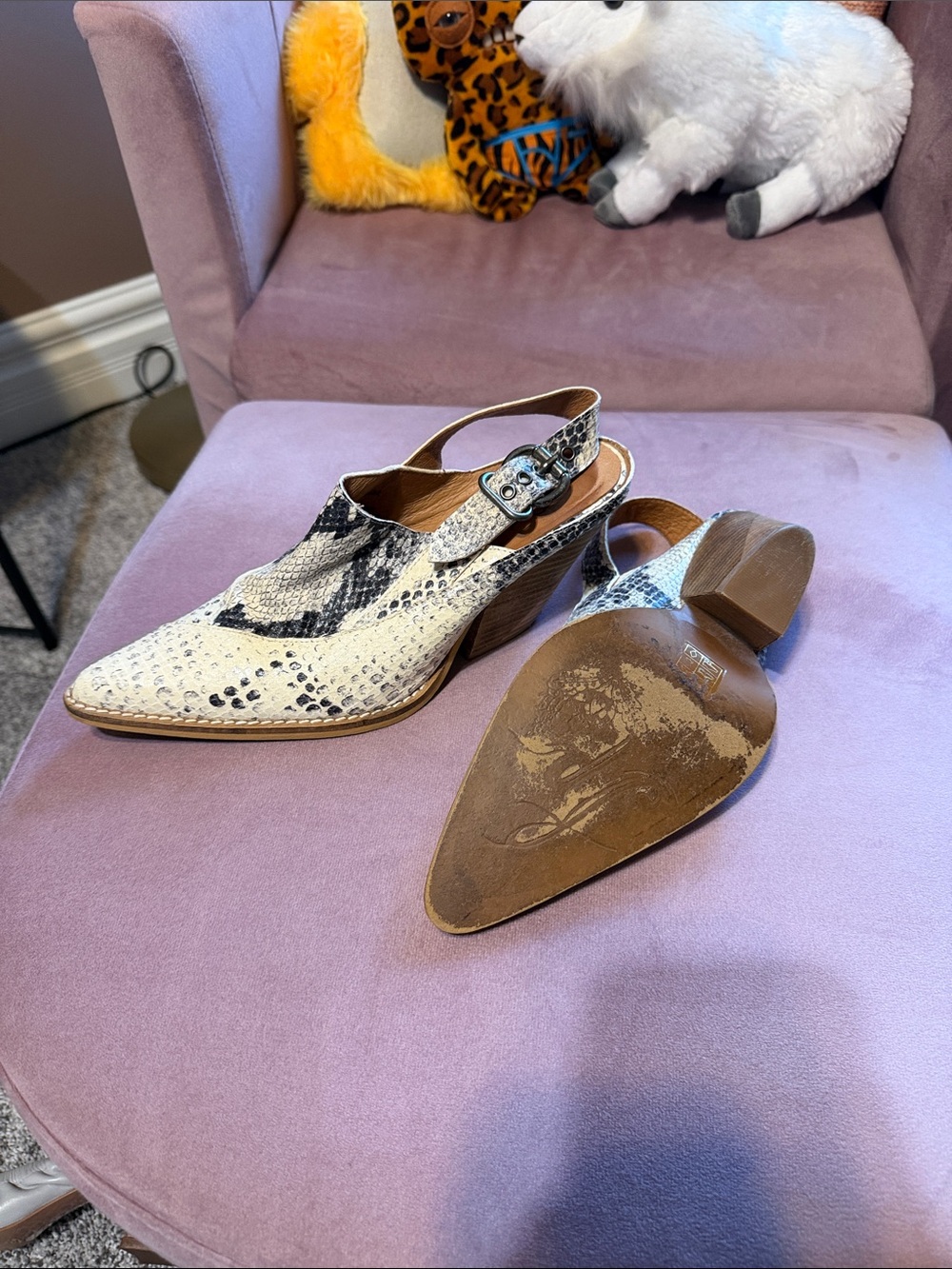 Free People Black and Cream Snake-Print Slingback Mules